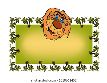 Baby frame with a lion cartoon head and space for text. Around the rectangle drawn palm trees.