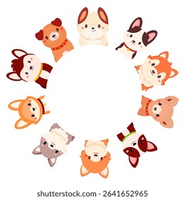 Baby frame with puppy. Can be used for t-shirt print, sticker, greeting card. Curious cute cartoon dogs peeks from above. Cute puppies looks interested. Animal stares interestedly. Vector  EPS8