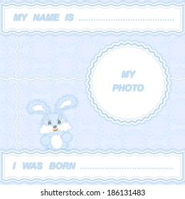 Baby frame with smiling bunny in blue tones. Vector eps 10.