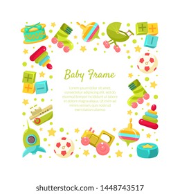 Baby Frame of Square Shape with Place for Text and Cute Toys Vector Illustration