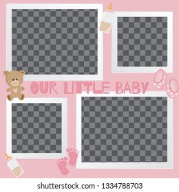 Baby frames with boy/girl and stickers on light background. It's a boy. It's a girl. Photo frame and decorative elements of baby toys