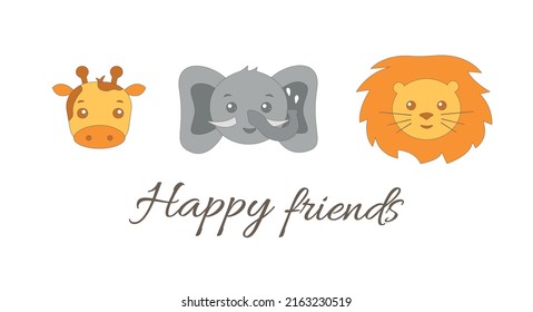 Baby funny cartoon wild animals set elephant, lion, giraffe