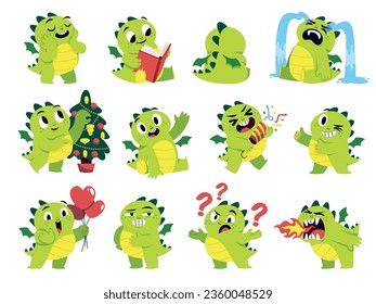 Bebé divertido personaje de dragón. Mascota de dino de dibujos animados, diferentes actividades y emociones, animal lindo de cuento de hadas, símbolo de año nuevo, criatura mitológica china en diferentes poses. Conjunto vectorial de mareo