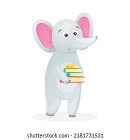 Baby funny elephant holding a stack of books in its paws. Back to school illustration concept, vector isolated animal cartoon illustration.