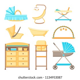 Baby furniture and equipment set. Isolated on white background. Vector illustration.