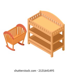 Baby furniture icon isometric vector. New wooden brown cradle and changing table. Children furniture, modern interior, baby cot, playpen