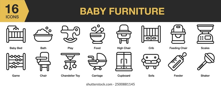 Baby Furniture icon set. Includes baby bed, carriage, sofa, feeding chair, bath, and More. Outline icons vector collection.