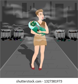 
The baby in a gas mask in the hands of a girl with a cigarette. Against the backdrop of a dump and a gray city