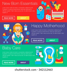 Baby gear essentials vector banners for new born parents. Vector illustration and icons. 