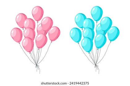 Baby gender party balloons. Hand drawn pink and blue balloons bunches, cute glossy baby shower balloons decorations flat vector illustration set. Gender reveal party balloons decor