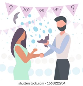 Baby gender reveal Announcement party. Pregnant woman hold spine. husband holds a burst balloon. Blue confetti is flying around. decoration are behind them. Trendy flat vector