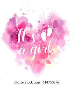 Baby gender reveal concept illustration. Watercolor imitation heart. It's a girl. Pink colored.