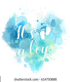 Baby gender reveal concept illustration. Watercolor imitation heart.  It's a boy. Blue colored.