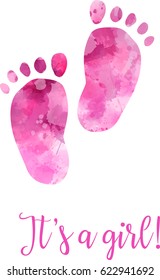 Baby gender reveal concept illustration. Watercolor footprints. It's a girl. Pink colored.