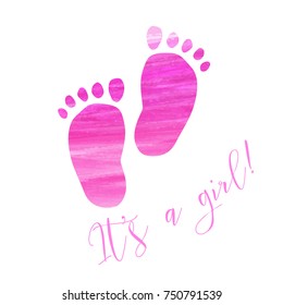 Baby gender reveal concept illustration. Watercolor brushed footprints. It's a girl. Pink colored.