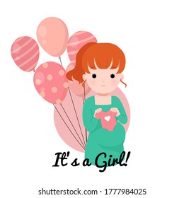 Baby gender reveal girl. Baby shower illustration. Cute pregnant lady holding baby clothes. Flat vector isolated on white background