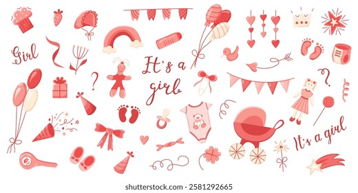 Baby Gender Reveal Party Set. It's a Girl. Vector Illustration. Party Supplies and Newborn Items.