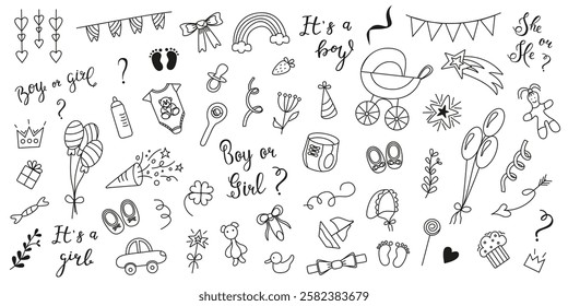 Baby Gender Reveal Party Set in Doodle Style. Boy or Girl. Vector Illustration. Image of Party Items and Newborn Things.