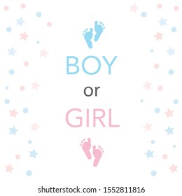 Baby gender reveal. Baby shower invitation. Baby foot prints, stars vector