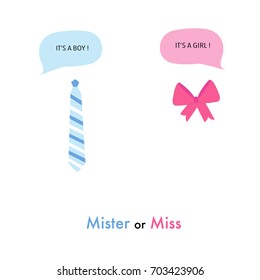  Baby gender reveal. Tie and ribbon. Baby girl and baby boy. Baby shower greeting card