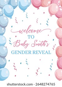 Baby gender reveal welcome sign with blue and pink balloons and cute decorations for girl or boy celebration