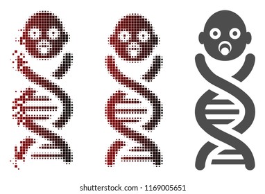 Baby genes icon in dispersed, dotted halftone and undamaged whole variants. Particles are arranged into vector disappearing baby genes shape.