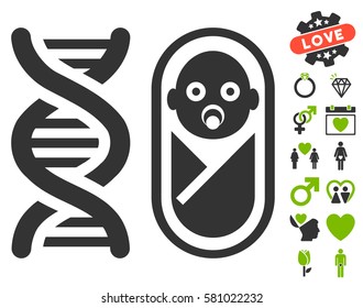 Baby Genetics icon with bonus marriage symbols. Vector illustration style is flat iconic eco green and gray symbols on white background.