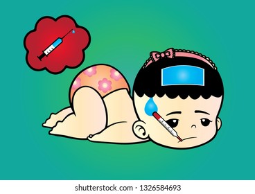 A baby get sick and how to treatment of a fever. Injection influenza vaccine to a baby illustration vector
