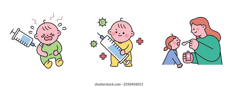 A baby getting vaccinated, getting shots and drinking medicine. Cute outline characters.