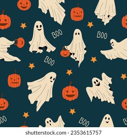 Baby ghost pattern. Seamless print of cute scary Halloween character in white sheets, october night celebration wallpaper. Vector texture. Flying mysterious creatures, frightening poltergeists