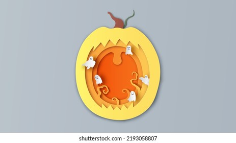 Baby ghost spirit with friends fly out of pumpkin on Halloween. Pumpkin with open mouth on Halloween. Halloween pumpkin. paper cut and craft style. vector, illustration.