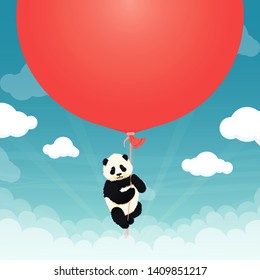 Baby giant panda flying big red balloon in the sky with clouds. Black and white chinese bear cub. Rare, vulnerable species. Greeting card, poster design template.