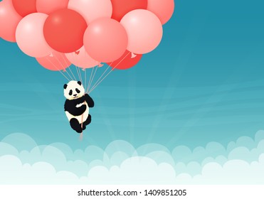 Baby giant panda flying red and pink balloons in the sky with clouds. Black and white chinese bear cub. Rare, vulnerable species. Greeting card, poster, background design template.
