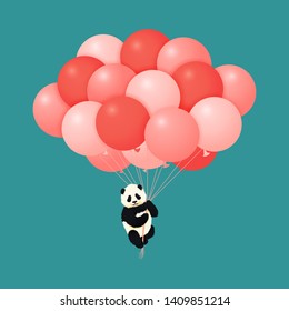 Baby giant panda flying red and pink balloons in the air with blue background. Black and white chinese bear cub. Rare, vulnerable species. Greeting card, poster design template.