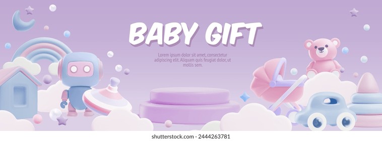 Baby gift. A banner depicting children's toys for boys and girls on a soft purple background. Vector 3D illustration with place for text. Ideal for decorations, cards, greetings and invitations.