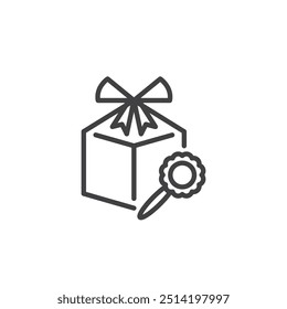 Ícone de linha da caixa de presente do bebê. sinal de estilo linear para conceito móvel e web design. Uma caixa de presente com o ícone do vetor do contorno do chocalho. Símbolo, ilustração de logotipo. Gráficos vetoriais