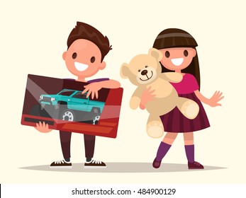 Baby gifts. Children with toys. Vector illustration of a flat design