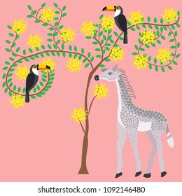 The baby giraffe is beside the tree of acacia blossoms, the bird is the Toucan.African animals and plants, Doodle flat style, vector illustration