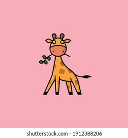 Baby Giraffe cartoon character chewing branch vector illustration for Global Giraffe Day on June 21st. African wildlife symbol.