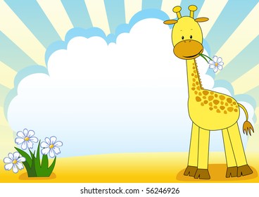 Baby giraffe and flower. Vector  illustration.