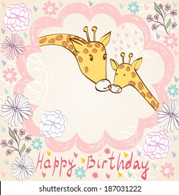 baby giraffe and mom. Hand drawn illustration.