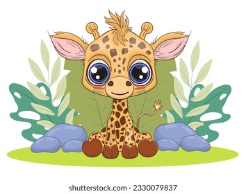 Baby giraffe sitting on grass vector illustration. Cartoon style character. Happy baby giraffe, Perfect illustration for t-shirt wear fashion print design, greeting card, baby shower, party invitation