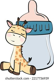 Baby giraffe sleeping bottle illustration