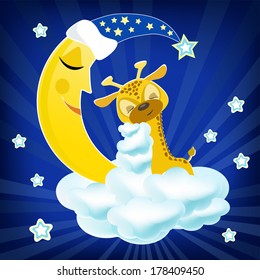 Baby giraffe sleeping on the cloud. Vector illustration.