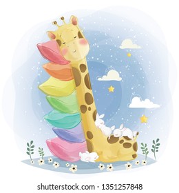 Baby Giraffe Sleeping on the Stacked Rainbow Pillows