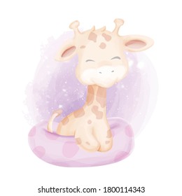 baby giraffe swimming with float