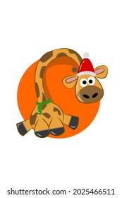 Baby giraffe wearing santa scarf and hat on Christmas day