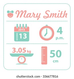 Baby Girl Announcement Birth Card, Vector