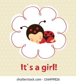 Baby girl announcement card with cute ladybug baby girl