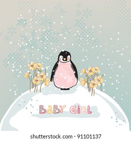 baby girl announcement card with little penguin